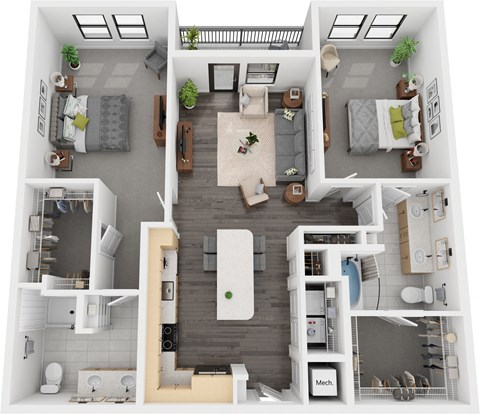Floor plan for 2 beds, 2 baths, 1304 sqft